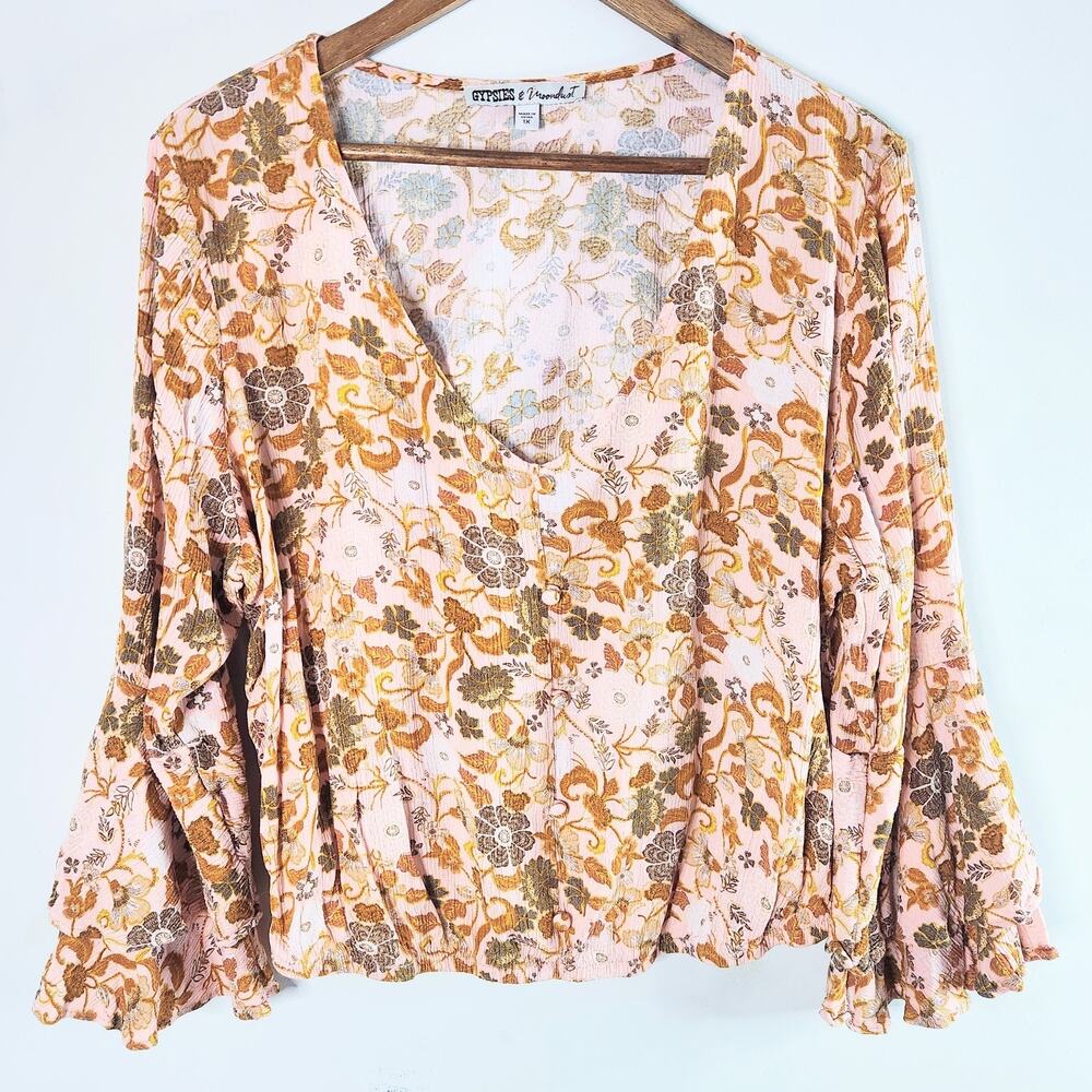 Gypsies & Moondust Floral Bell Sleeve Boho Crop Top Size Medium Hippie Festival